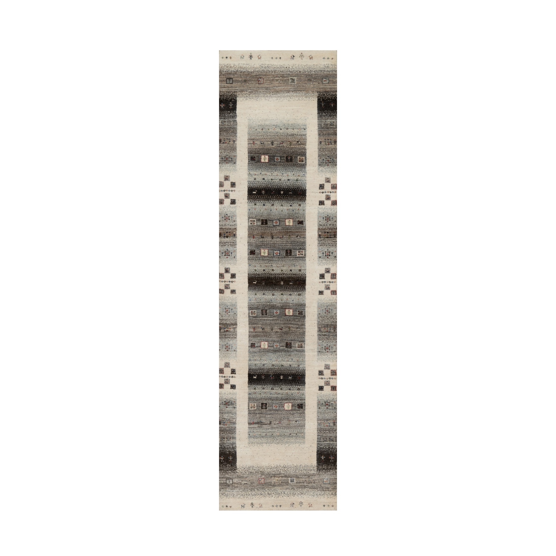 Photon White, Hand Knotted, Thick and Plush, Modern, Lori Buft Gabbeh with Small Animal and Human Figurines, Pure Wool, Runner, Oriental Rug